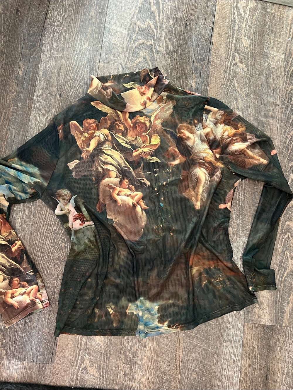 Cherub Print Sheer Long Sleeve Top in Dark Green and Brown